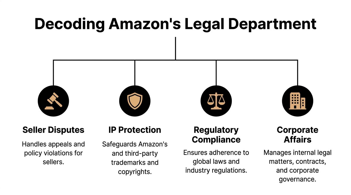 A diagram outlining the four primary functions of Amazon's legal department, including disputes, IP, compliance, and affairs.