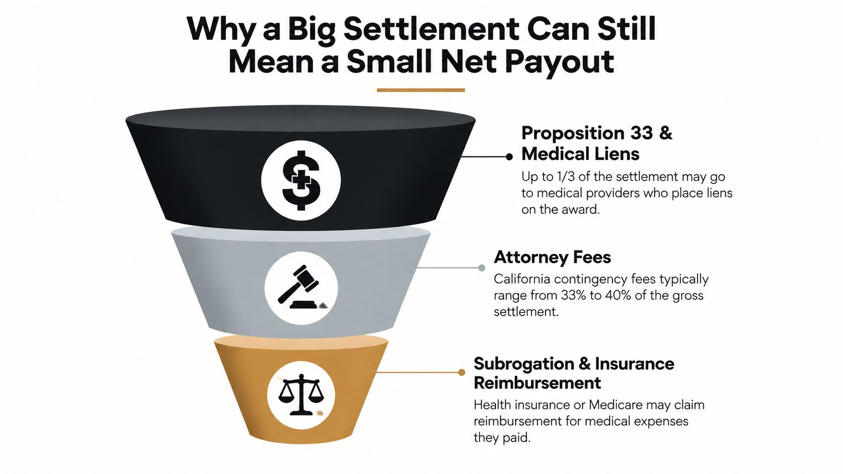 A funnel graphic illustrating how medical liens, attorney fees, and insurance reimbursements reduce a settlement payout.