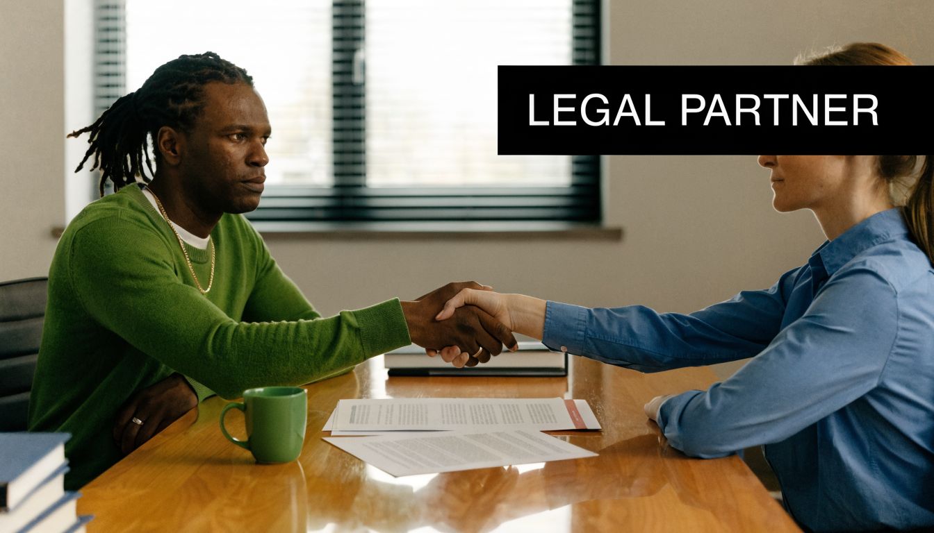 A professional man and woman shaking hands over a legal document in an office setting.