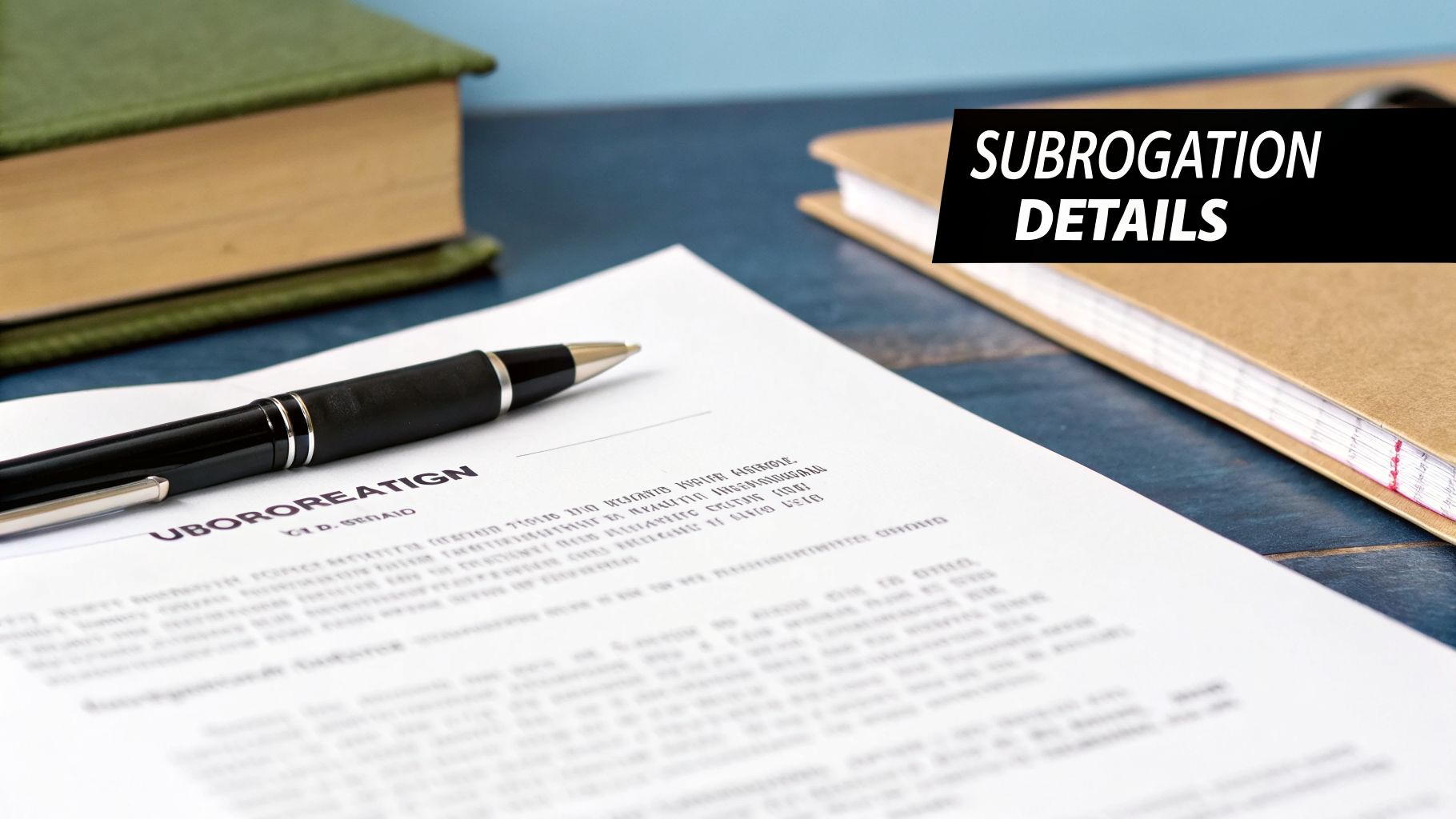 A pen rests on a document with 'SUBROGATION DETAILS' on a black banner, near books.