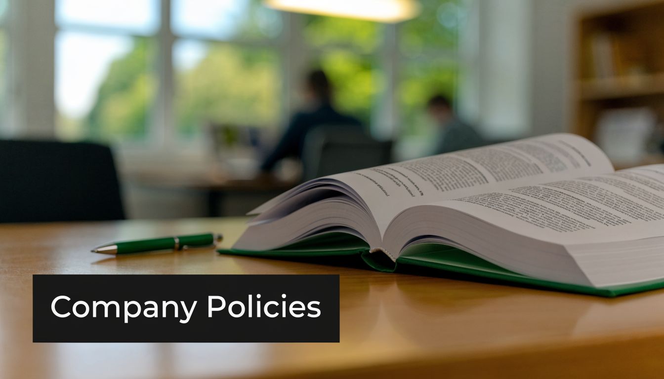 An open book titled Company Policies sits on a wooden desk next to a green pen.