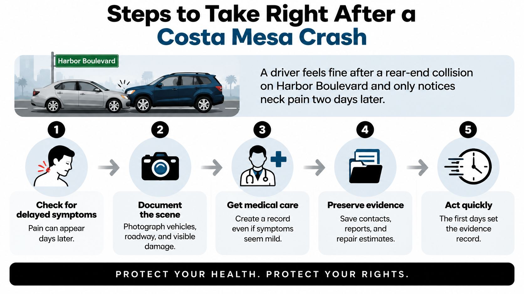 An infographic detailing five essential steps to take following a car accident in Costa Mesa, California.