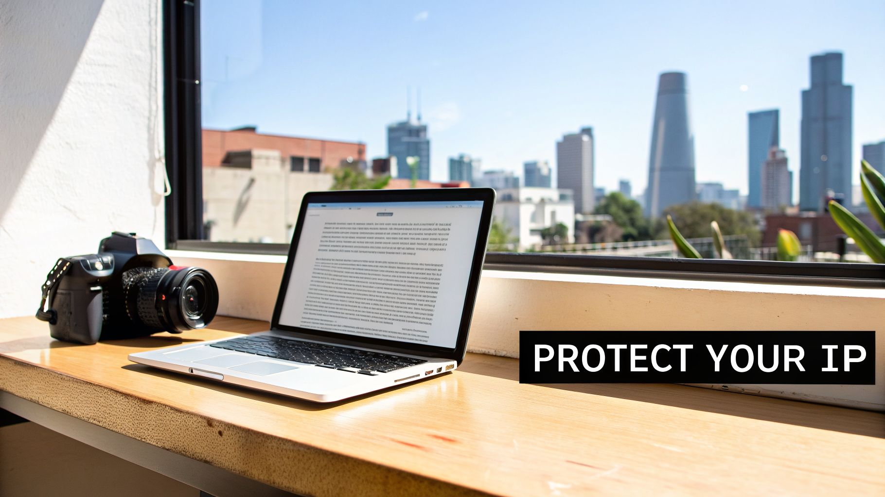 A laptop and camera on a wooden desk with a city skyline in the background, text reads 'PROTECT YOUR IP'.