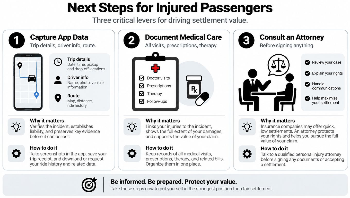 An infographic showing three steps for injured passengers to take after a rideshare accident to maximize settlement.