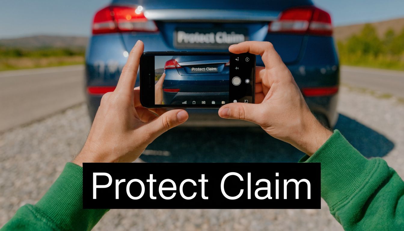 A person takes a photo of a car using a smartphone to document for a claim.