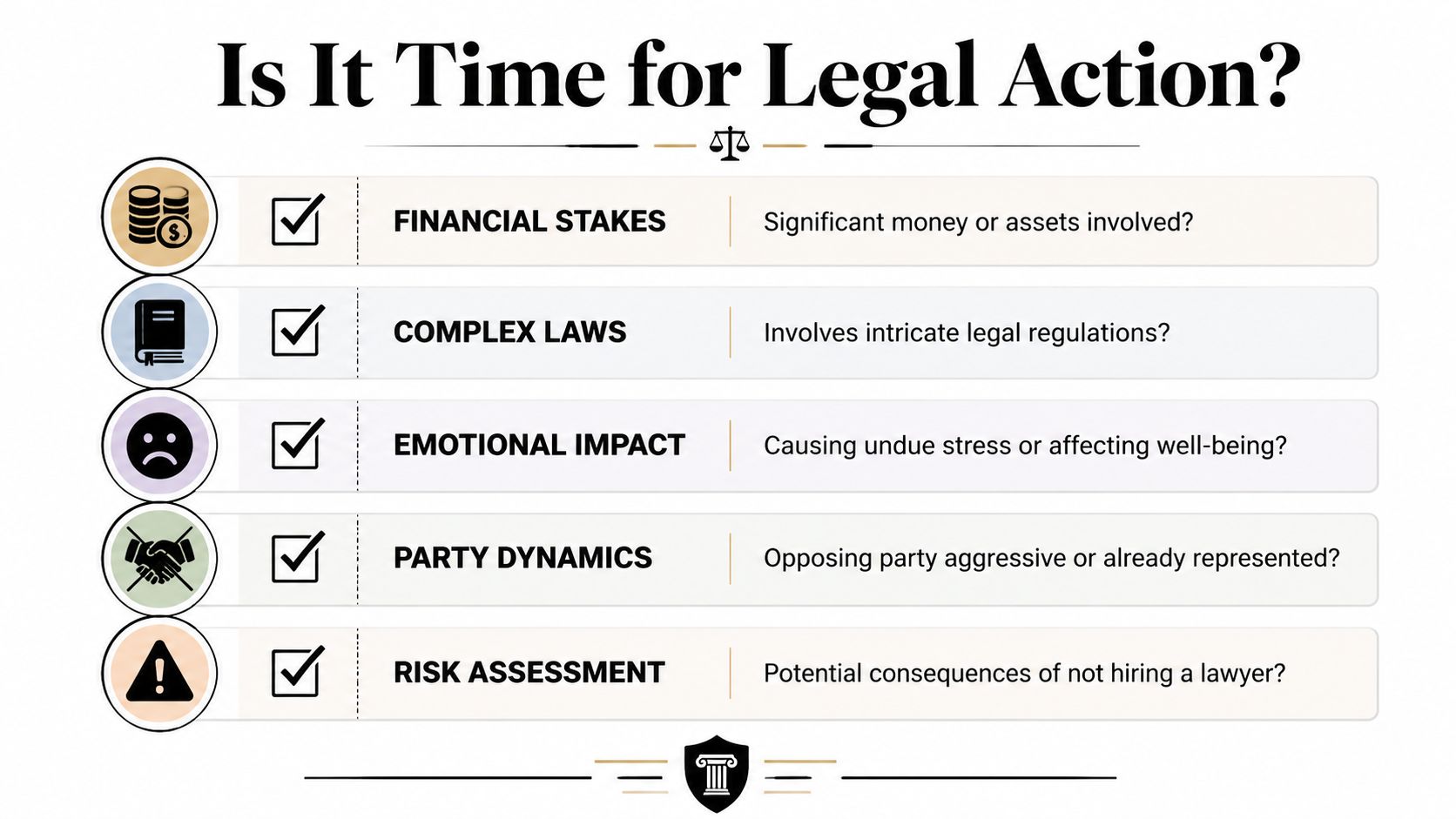 A checklist infographic titled Is It Time for Legal Action? listing five key factors to consider.