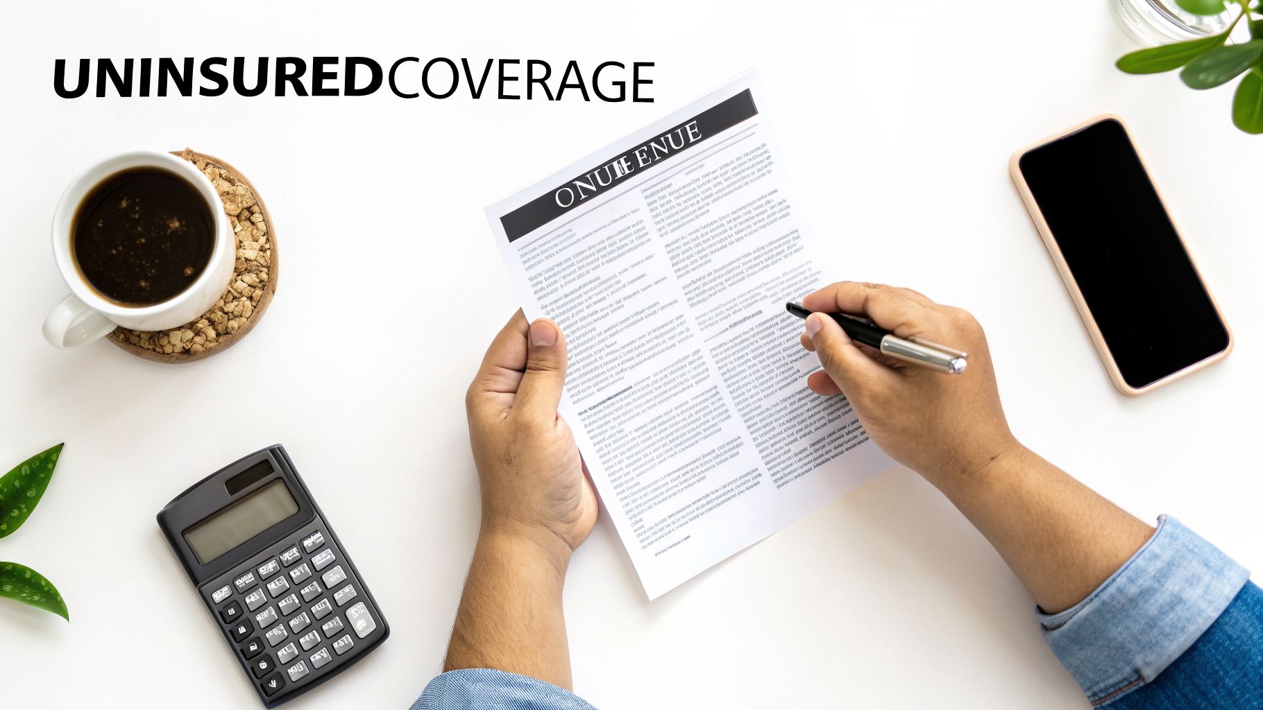 A person reviews an uninsured coverage document on a desk with coffee, a calculator, and a phone.