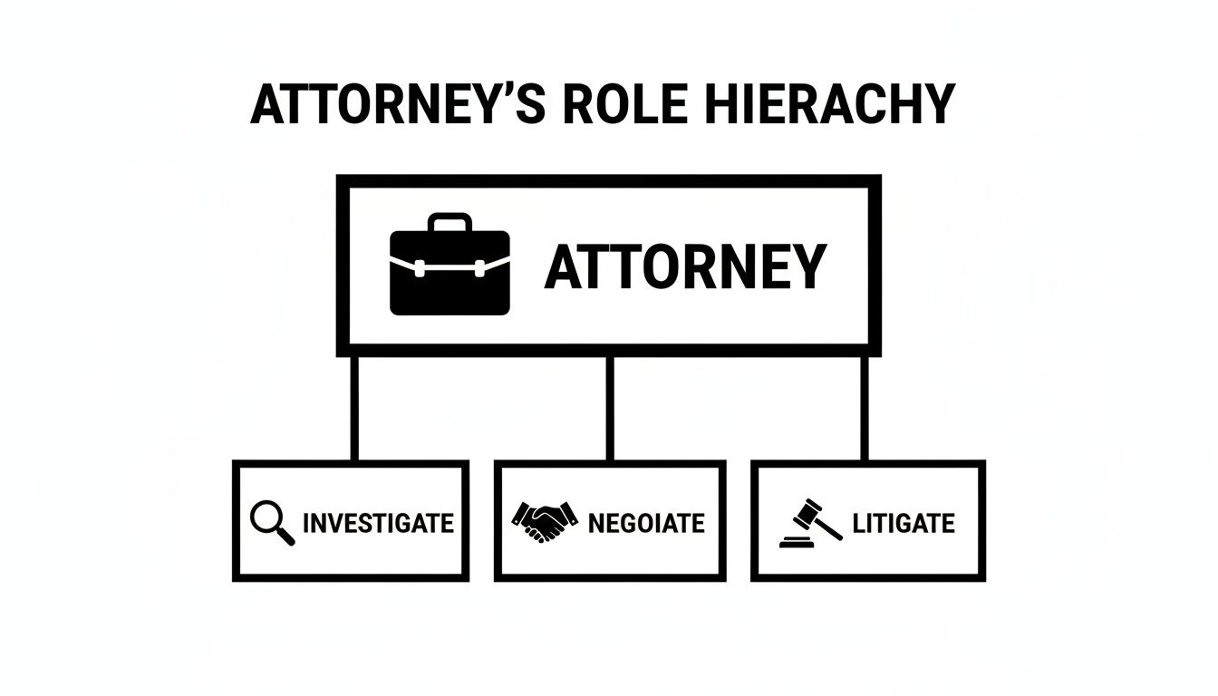 A simple hierarchy diagram illustrating an attorney's main roles: investigate, negotiate, and litigate, with corresponding icons.