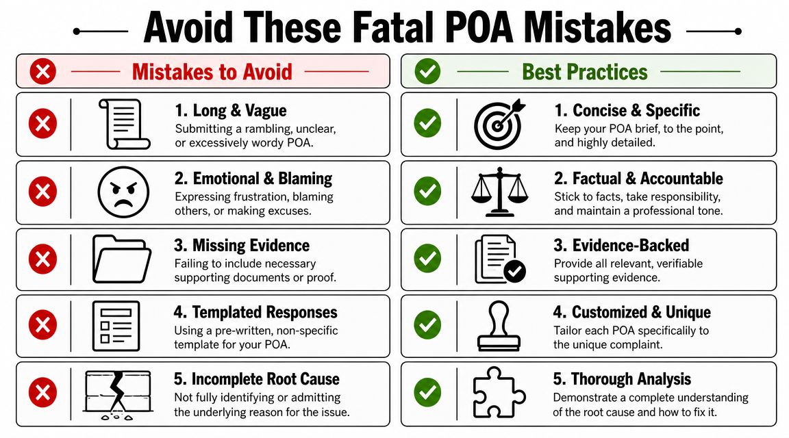 A comparison chart showing five fatal Plan of Action mistakes to avoid versus five professional best practices.