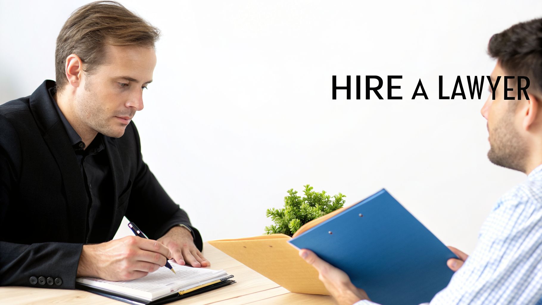 Two men in a professional meeting, one writing on a notepad and the other holding a folder, with the text 'HIRE A LAWYER'.