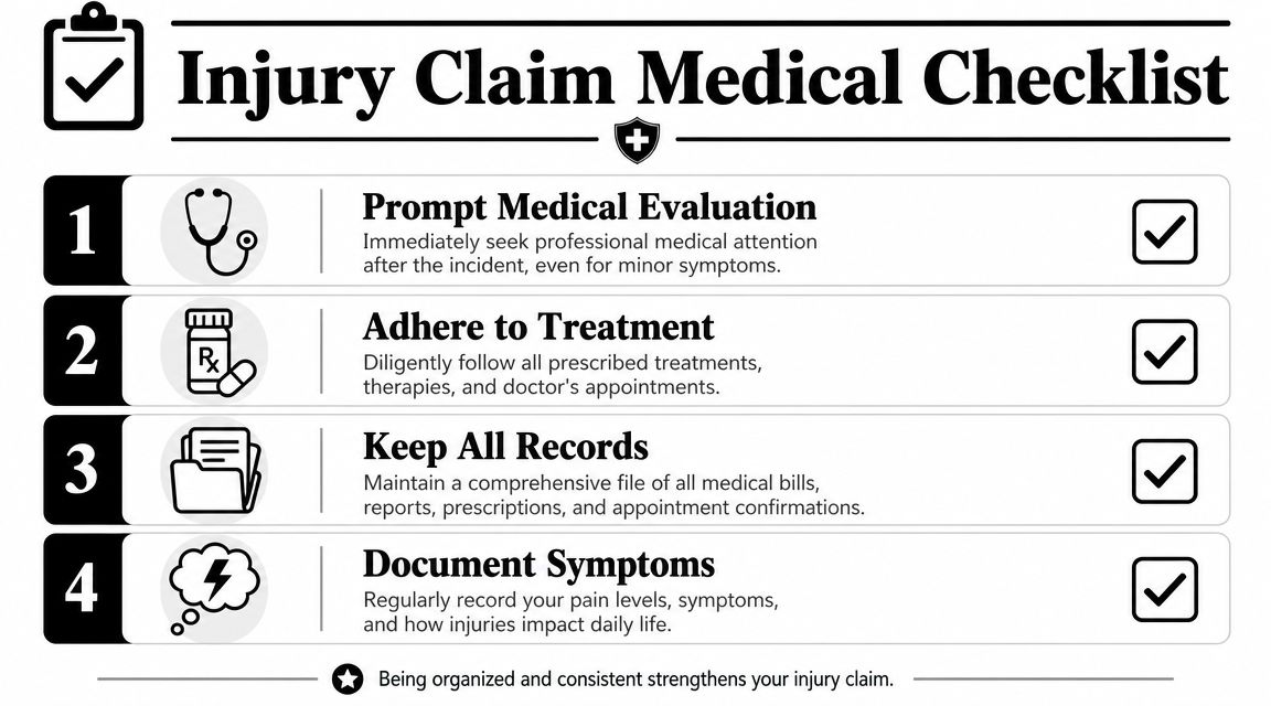 An infographic checklist for injury claims showing four essential steps to follow for medical documentation and treatment.