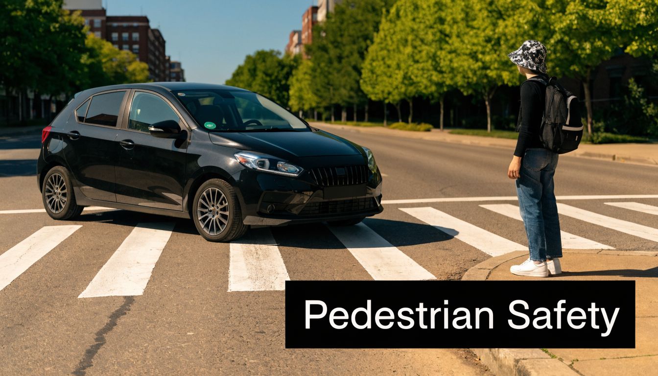 A black car stopped at a marked pedestrian crosswalk while a person waits on the sidewalk.