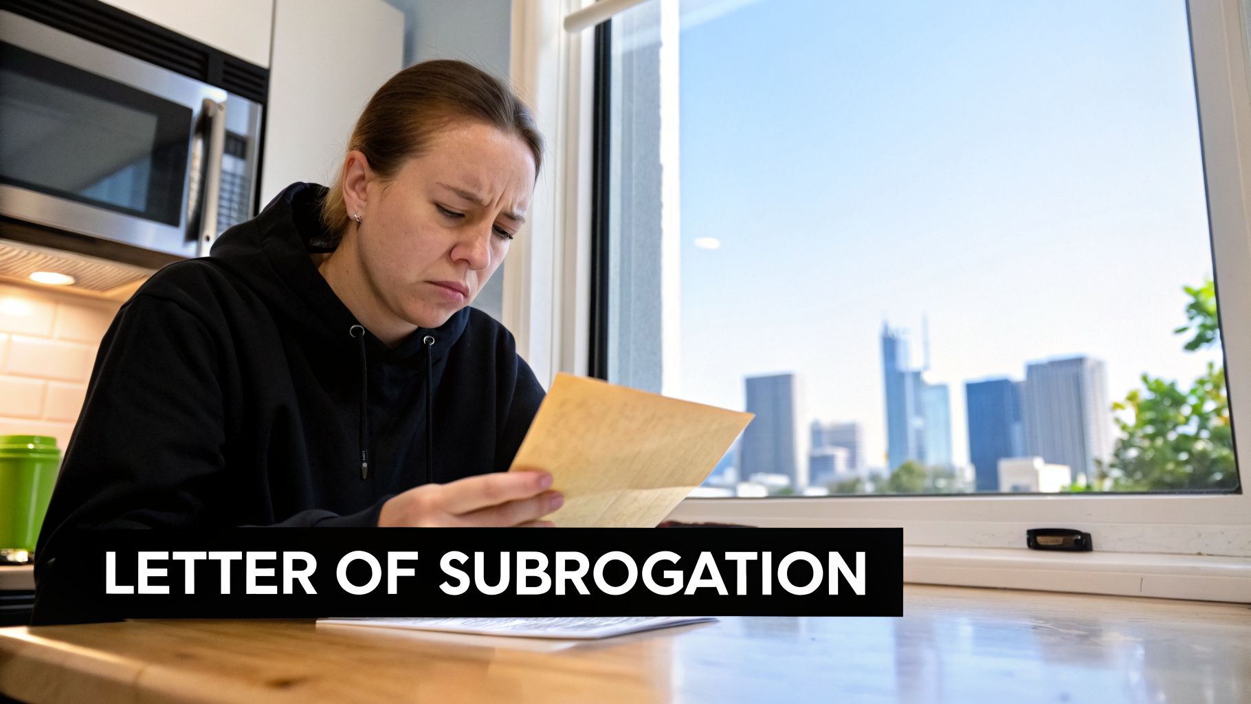 A worried woman in a black hoodie reads a letter indoors, with a city skyline visible outside.