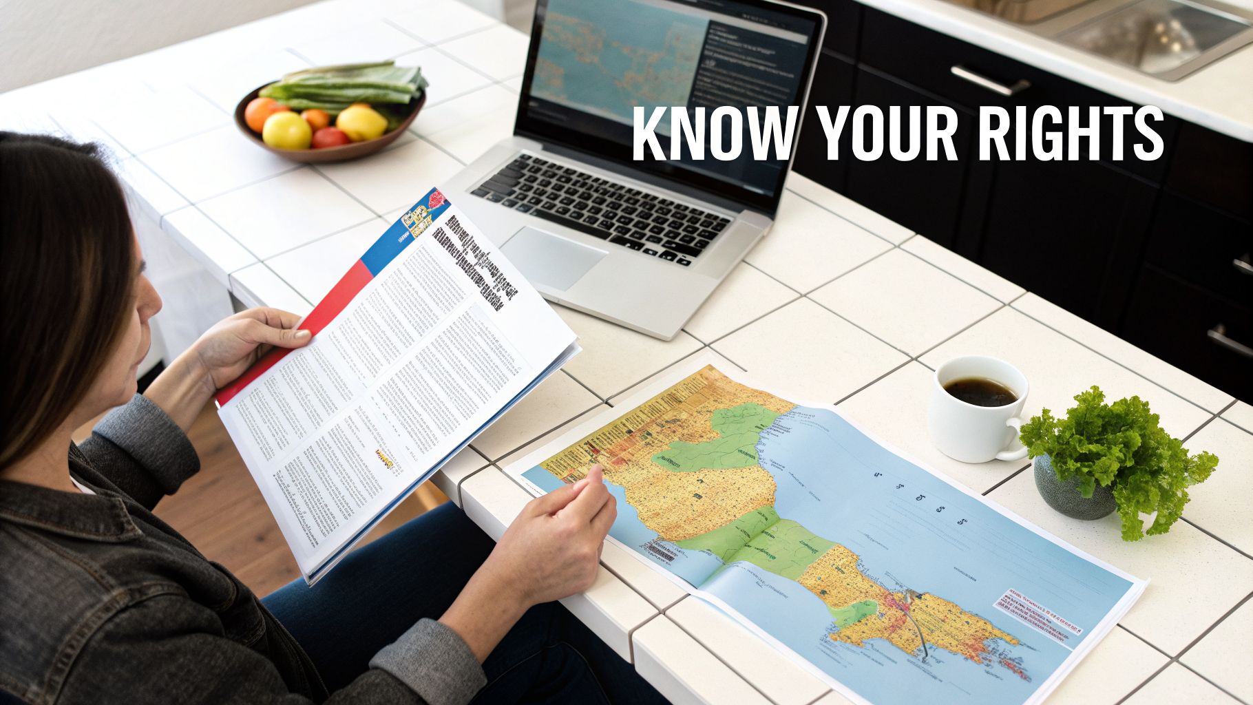 A woman studies documents, a map, and uses a laptop, with 'KNOW YOUR RIGHTS' text overlaid.