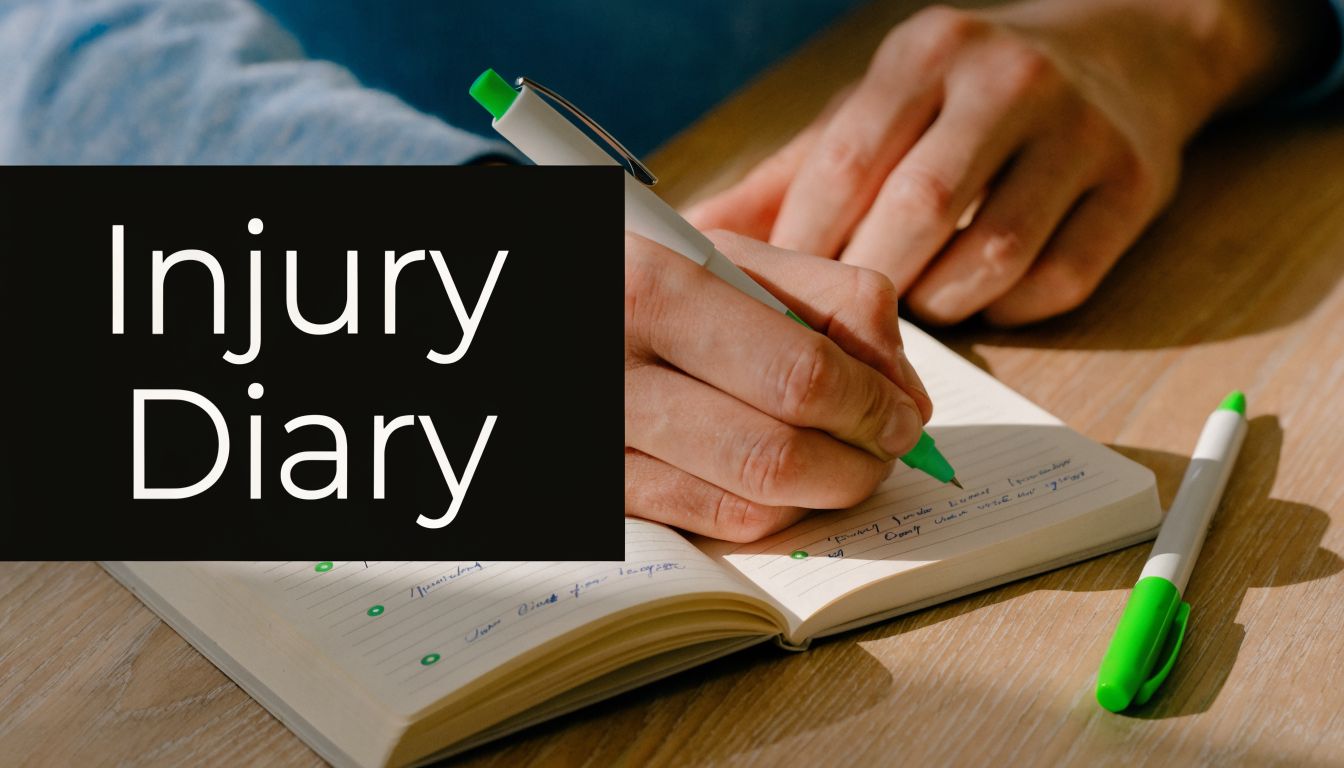 A person writes in an injury diary while sitting at a desk with two pens nearby.