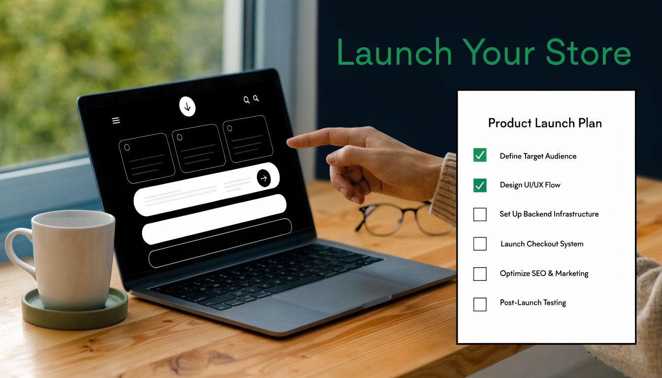 A person pointing to a product launch plan checklist on a laptop screen near a coffee cup.