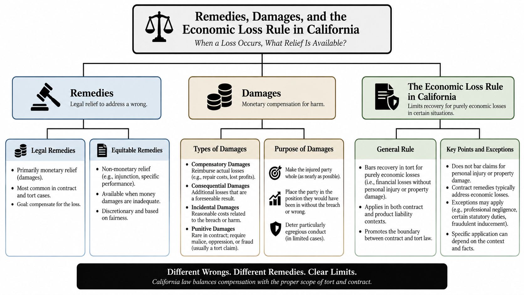 A flowchart explaining remedies, damages, and the economic loss rule within California legal contexts and liability principles.