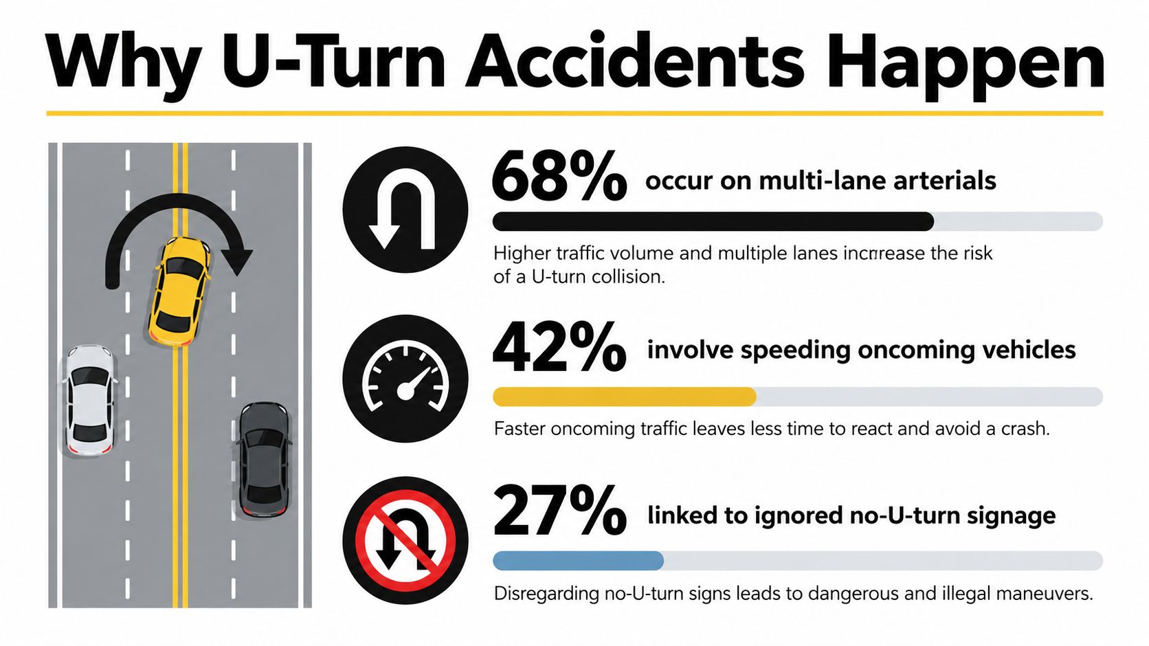 An infographic showing statistics on why U-turn accidents happen on roads involving vehicles, speed, and signage.