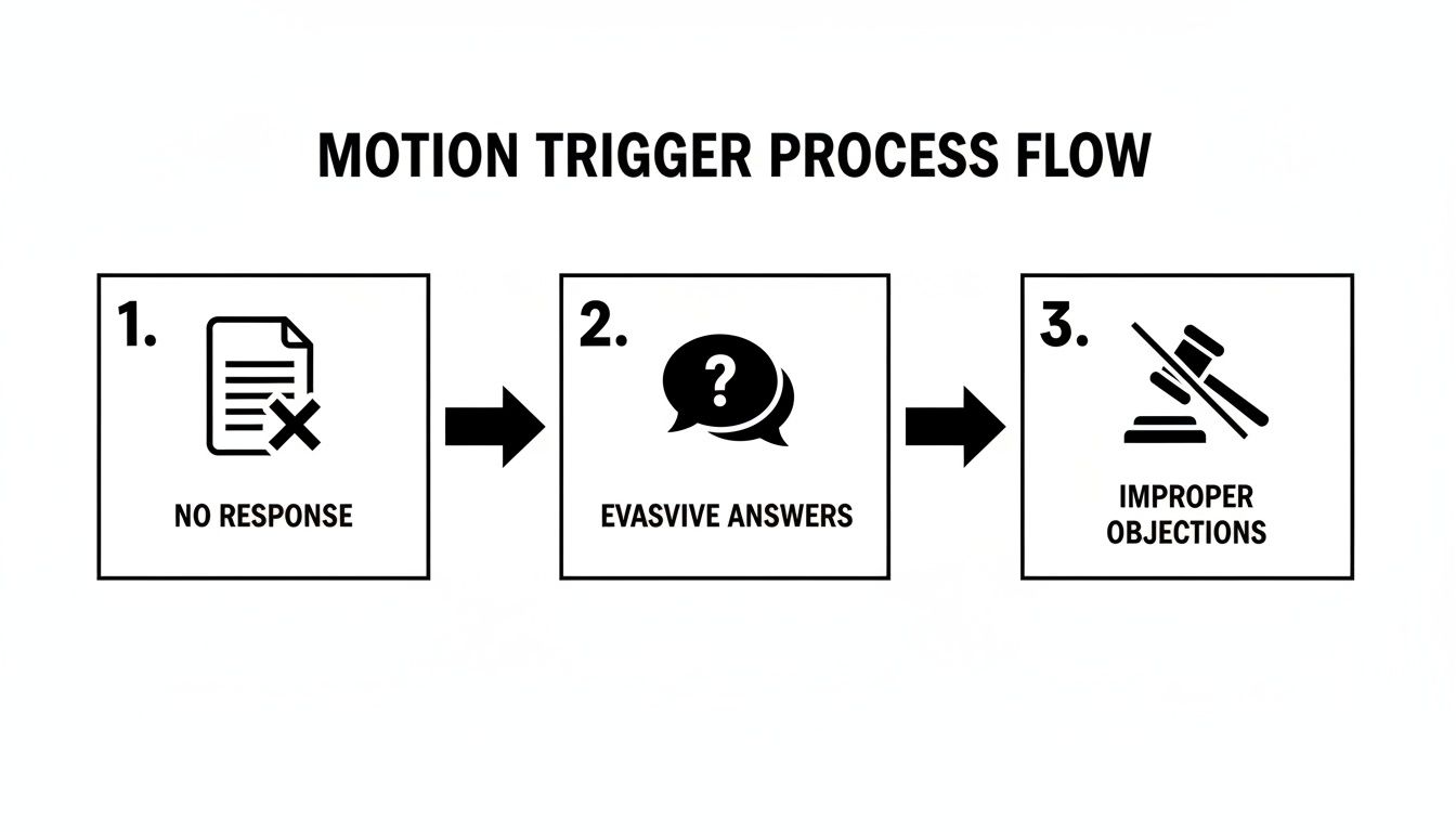 Process flow diagram illustrating steps to a motion trigger: No Response, Evasive Answers, Improper Objections.