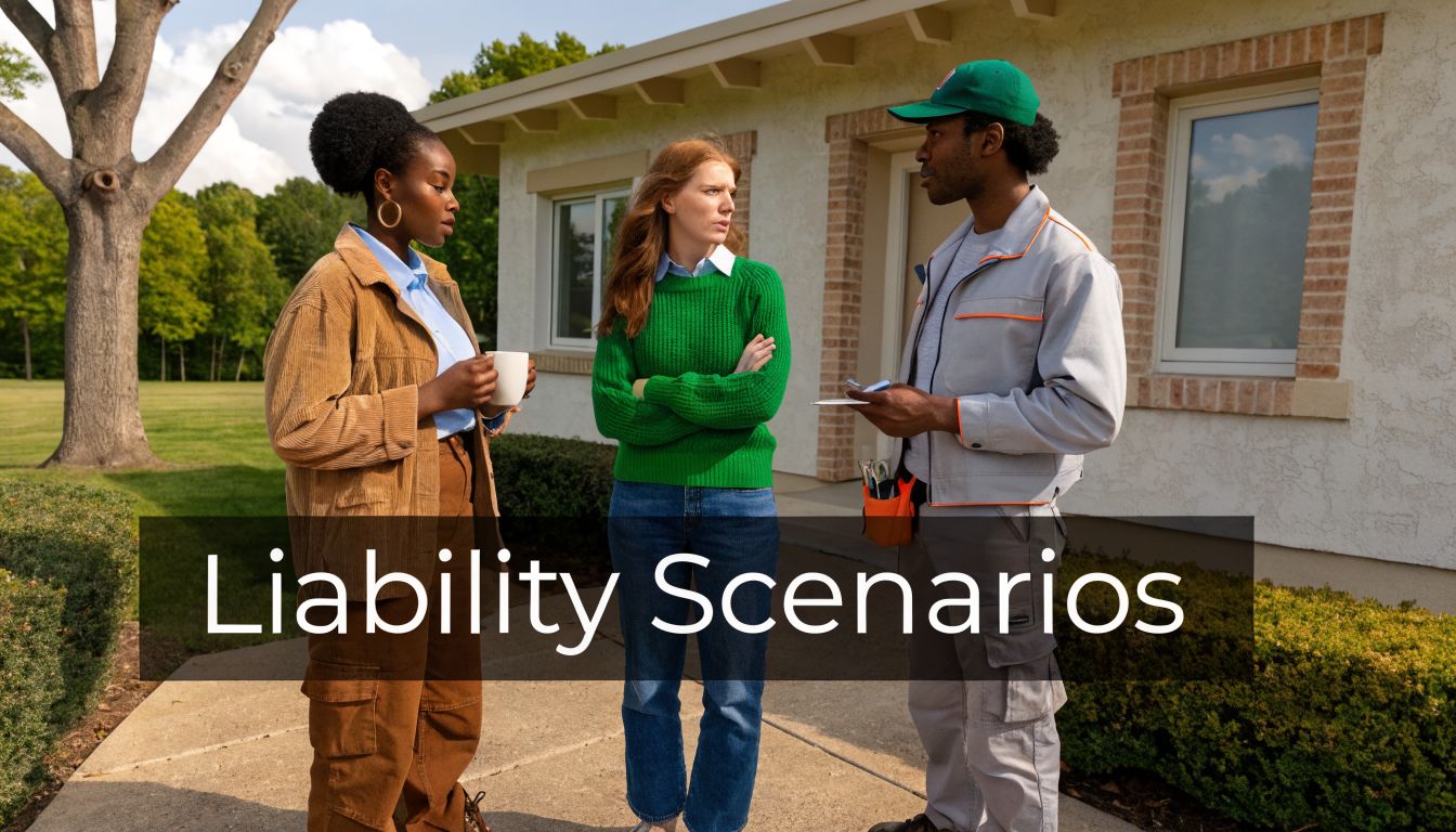 A property manager and owner talking to a maintenance worker outside a residential house in daylight.