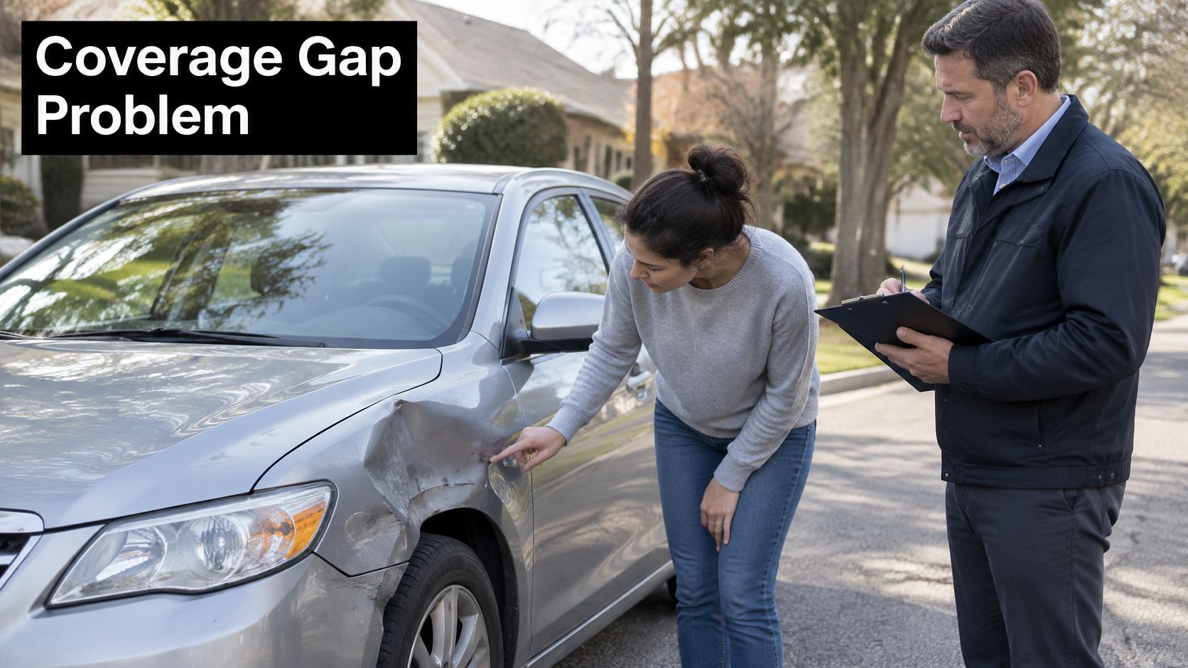A woman showing car damage to a professional insurance adjuster for a claims assessment.