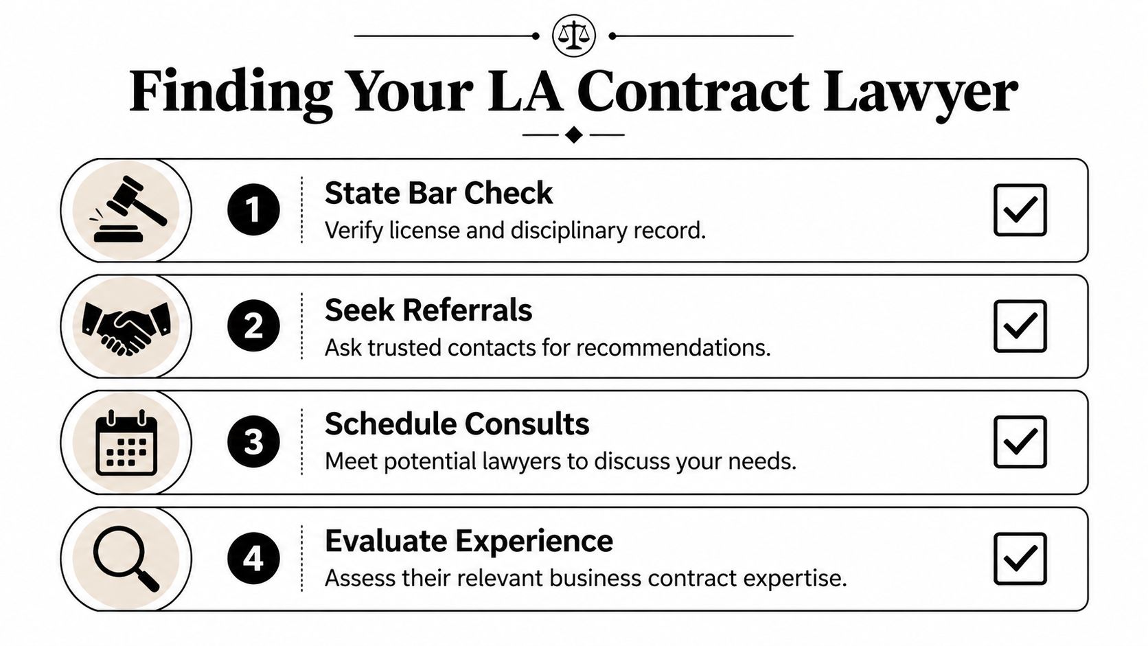 A four-step checklist illustration on how to find a qualified contract lawyer in Los Angeles.