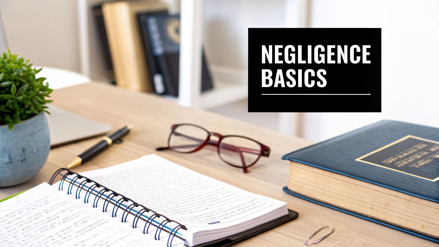 Desk with an open notebook, legal book, glasses, and a sign stating 'NEGLIGENCE BASICS'.