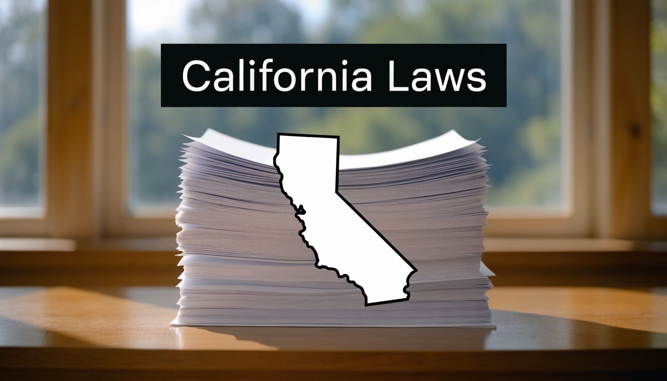 A stack of papers representing California laws sits on a wooden desk with a window background.