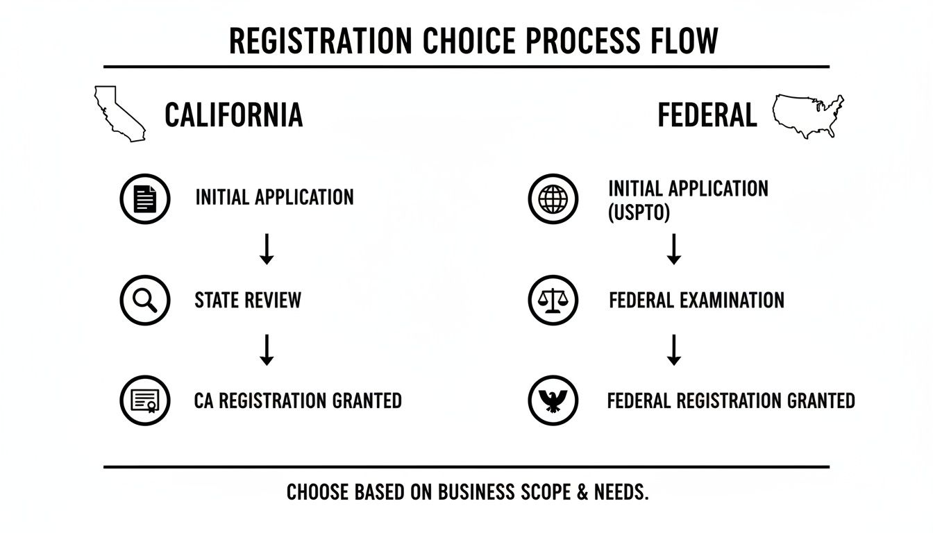 Flowchart illustrating the registration choice process for California and Federal trademark applications, detailing steps from initial application to granted registration.