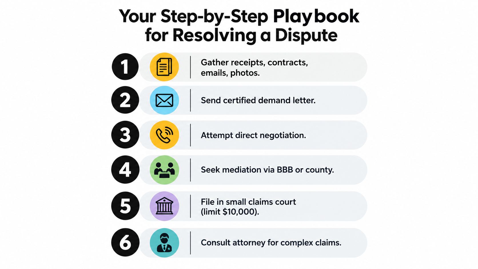 A six-step infographic outlining a process for resolving a legal dispute, including documentation and legal options.