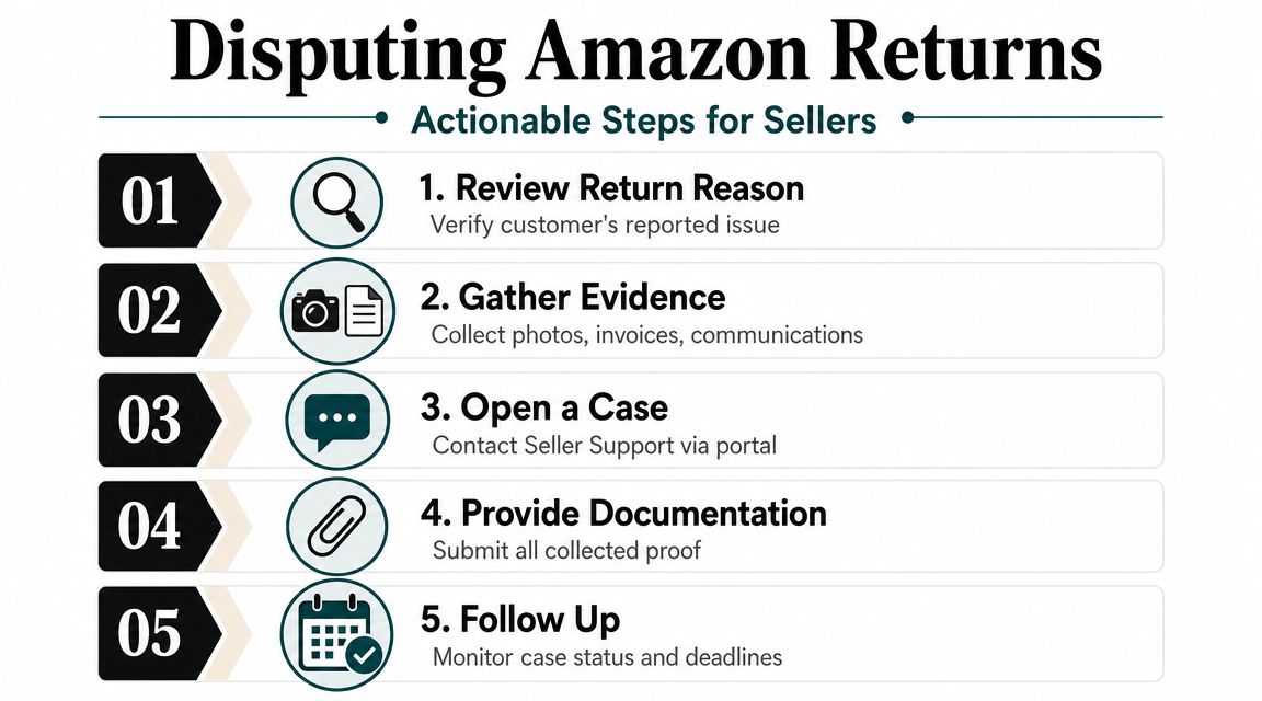 A five-step infographic showing how sellers can dispute unfair Amazon returns effectively using documentation.