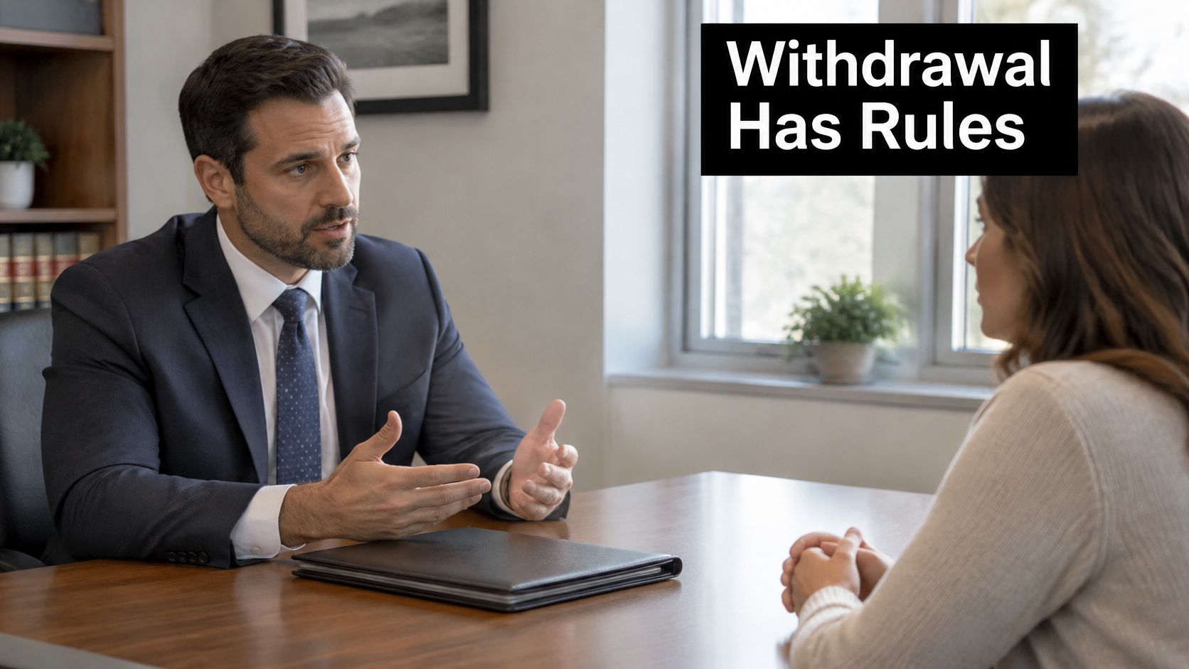 A professional lawyer having a serious conversation with a client in a modern office meeting room.