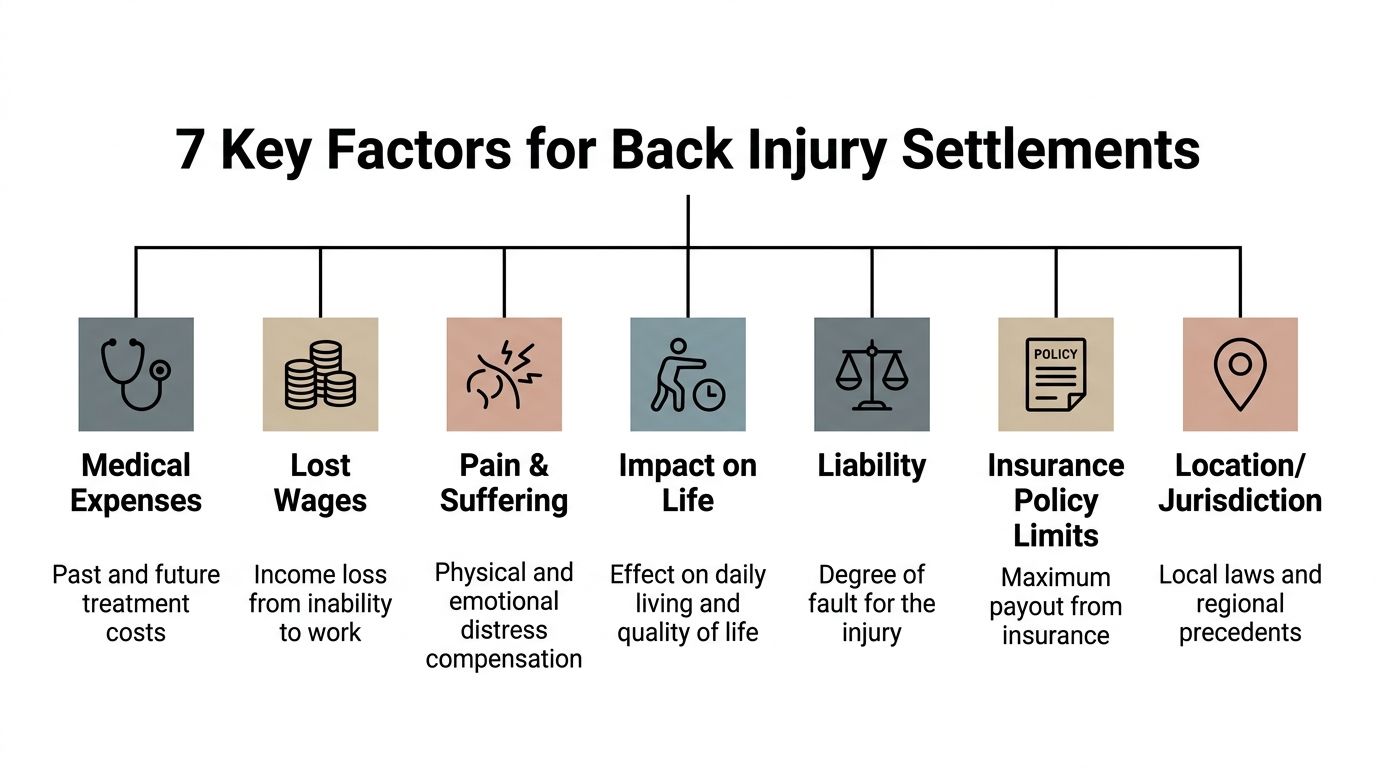 An infographic detailing seven key factors that influence the value of back injury settlement claims.