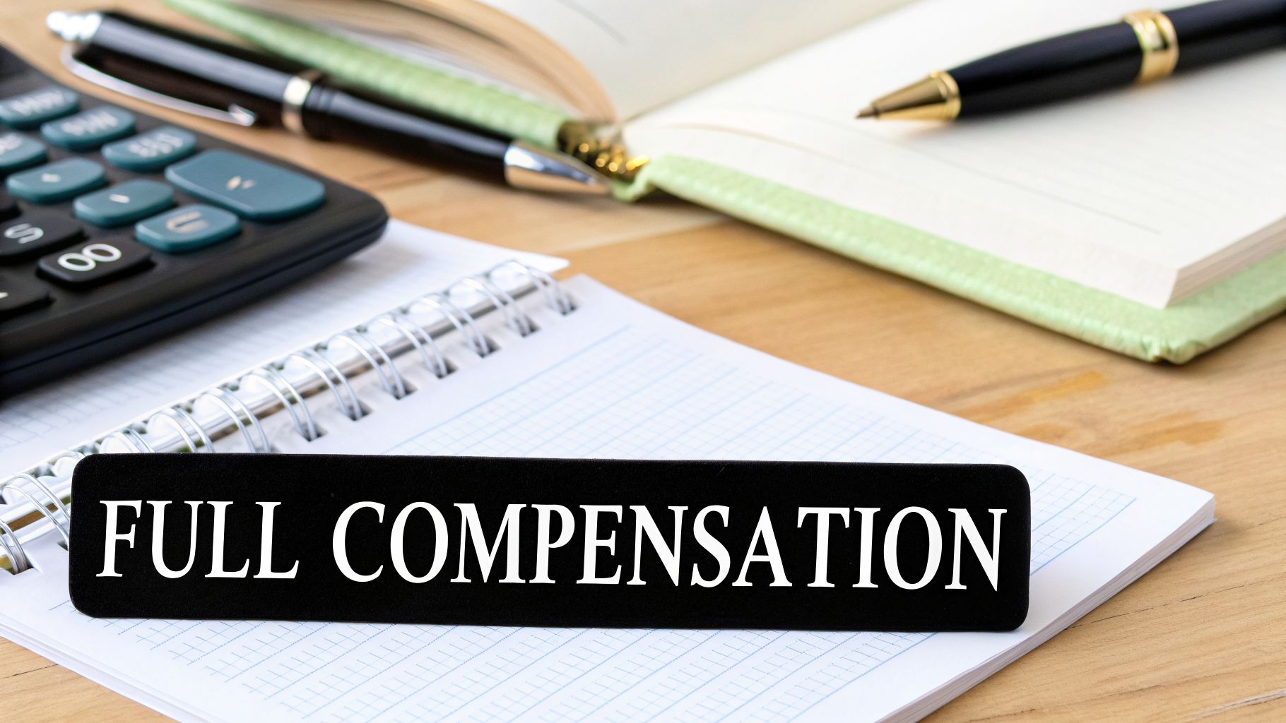 A black label with "FULL COMPENSATION" text, calculator, and pens on a wooden desk.