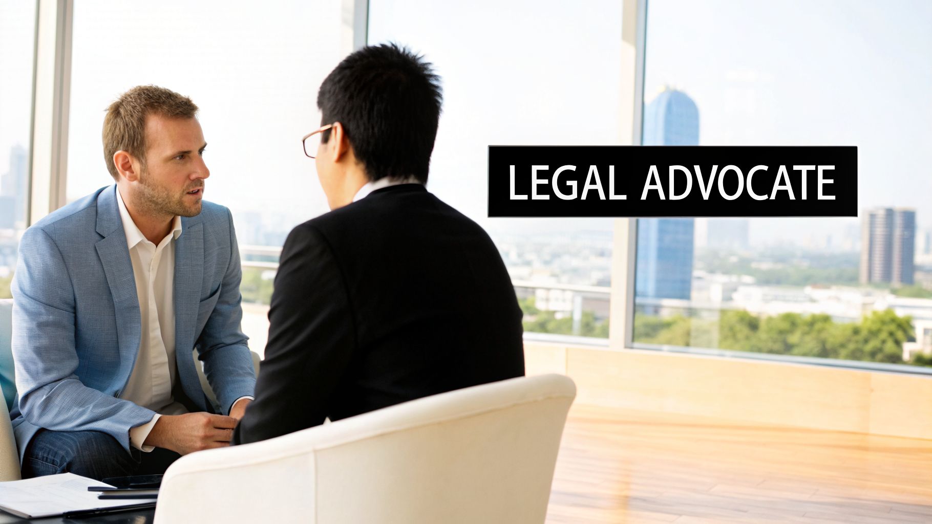 Two men, one in a blue blazer, discussing in an office with a city view and 'LEGAL ADVOCATE' text.