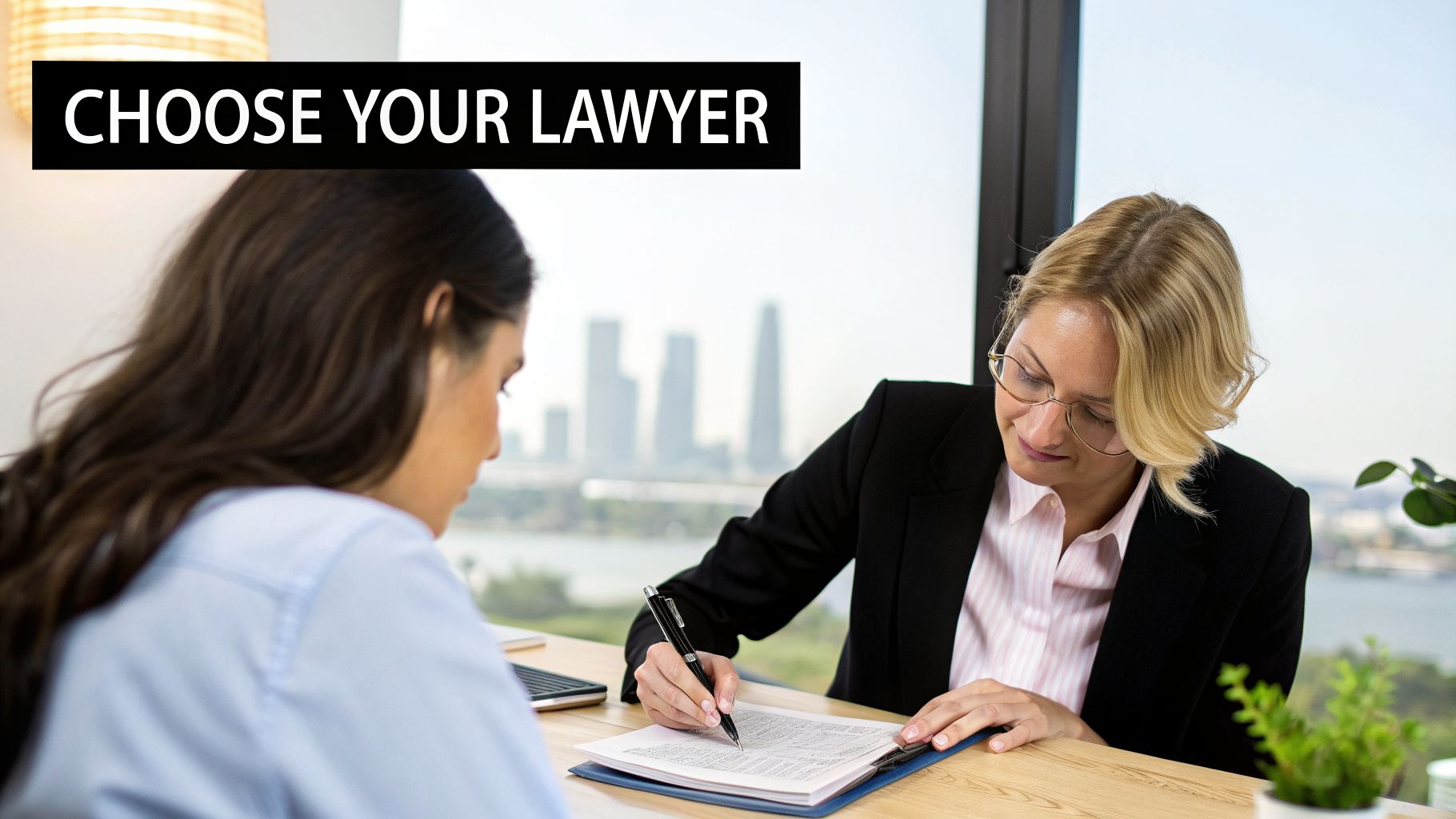 A female lawyer reviews documents with a client at an office desk with a cityscape view.