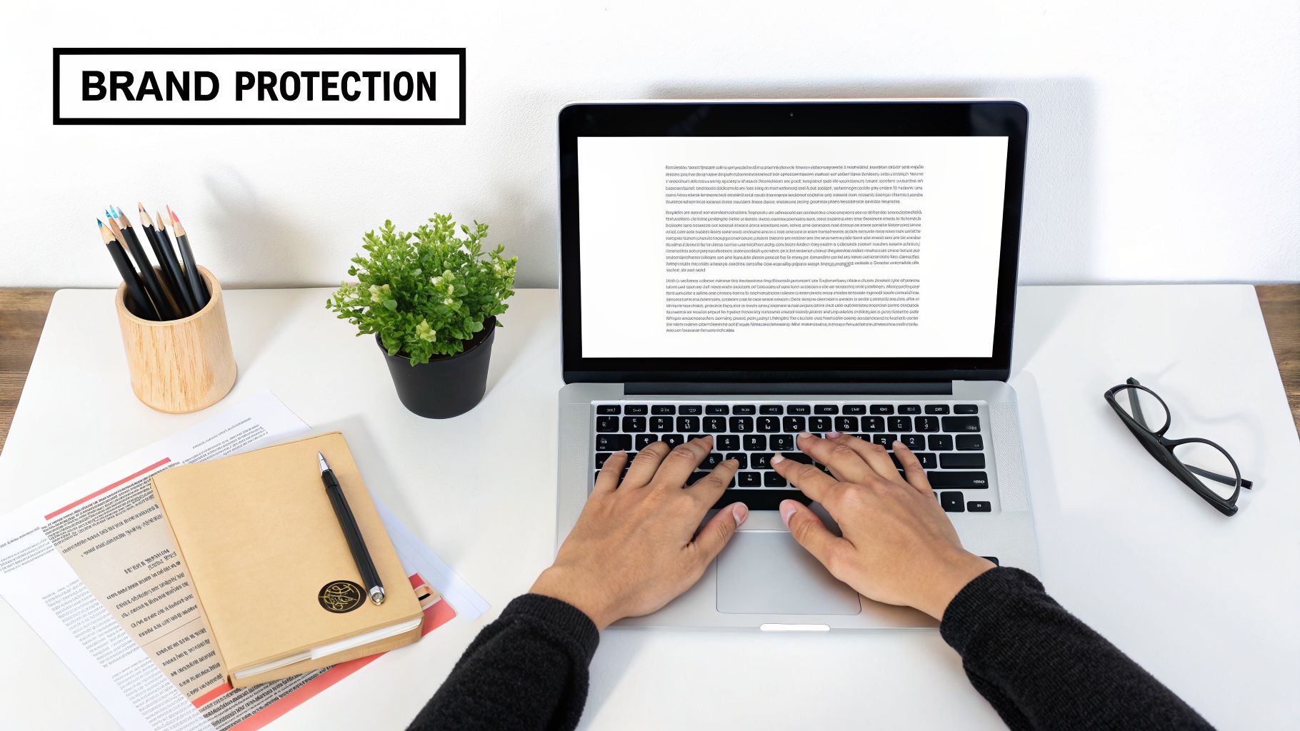 Overhead view of a person typing on a laptop on a white office desk, with 'BRAND PROTECTION' text.