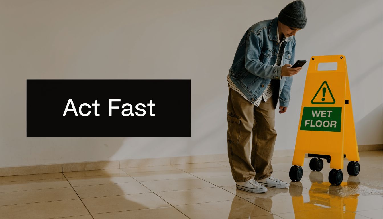 A person looking at their phone near a yellow wet floor sign on a tiled indoor floor.