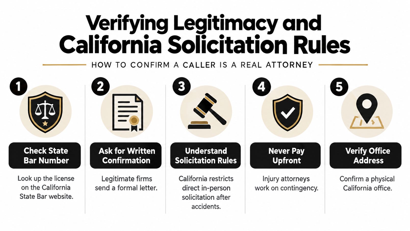 An infographic titled Verifying Legitimacy and California Solicitation Rules, detailing five steps to verify a real attorney.