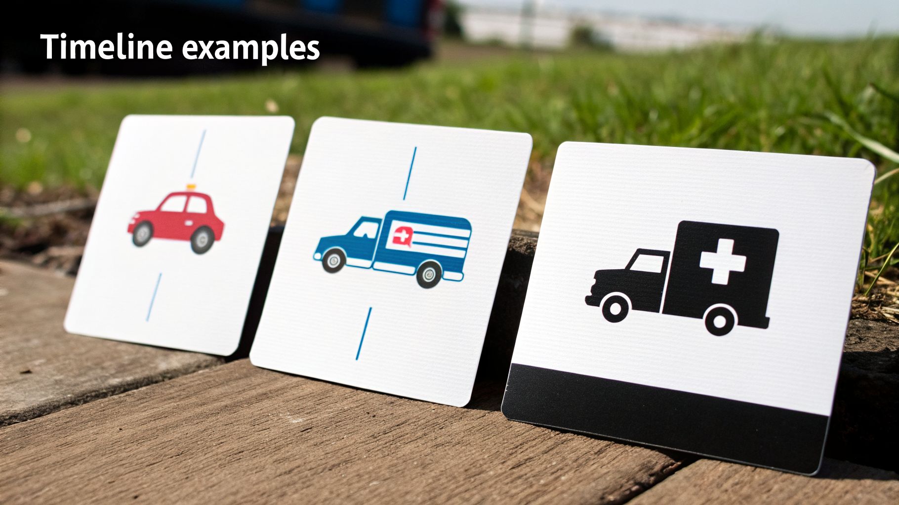 Three white cards illustrate emergency vehicles (police car, two ambulances) as timeline examples on wood.