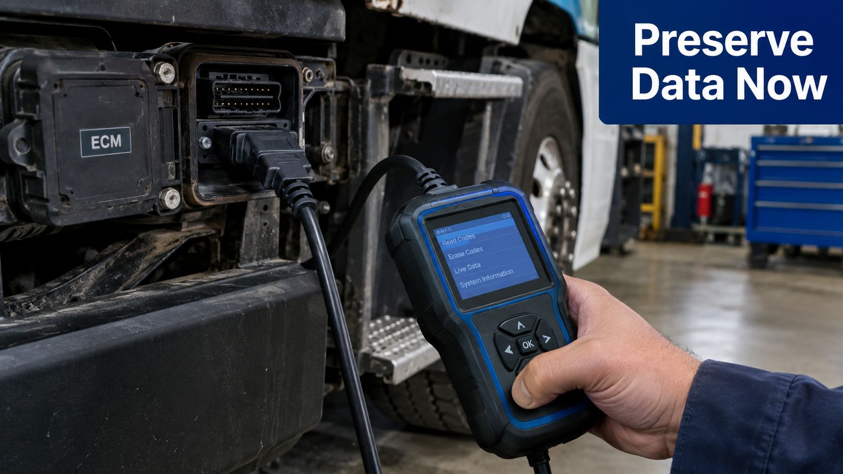 A technician uses a diagnostic tool to check a truck's engine control module for maintenance data.