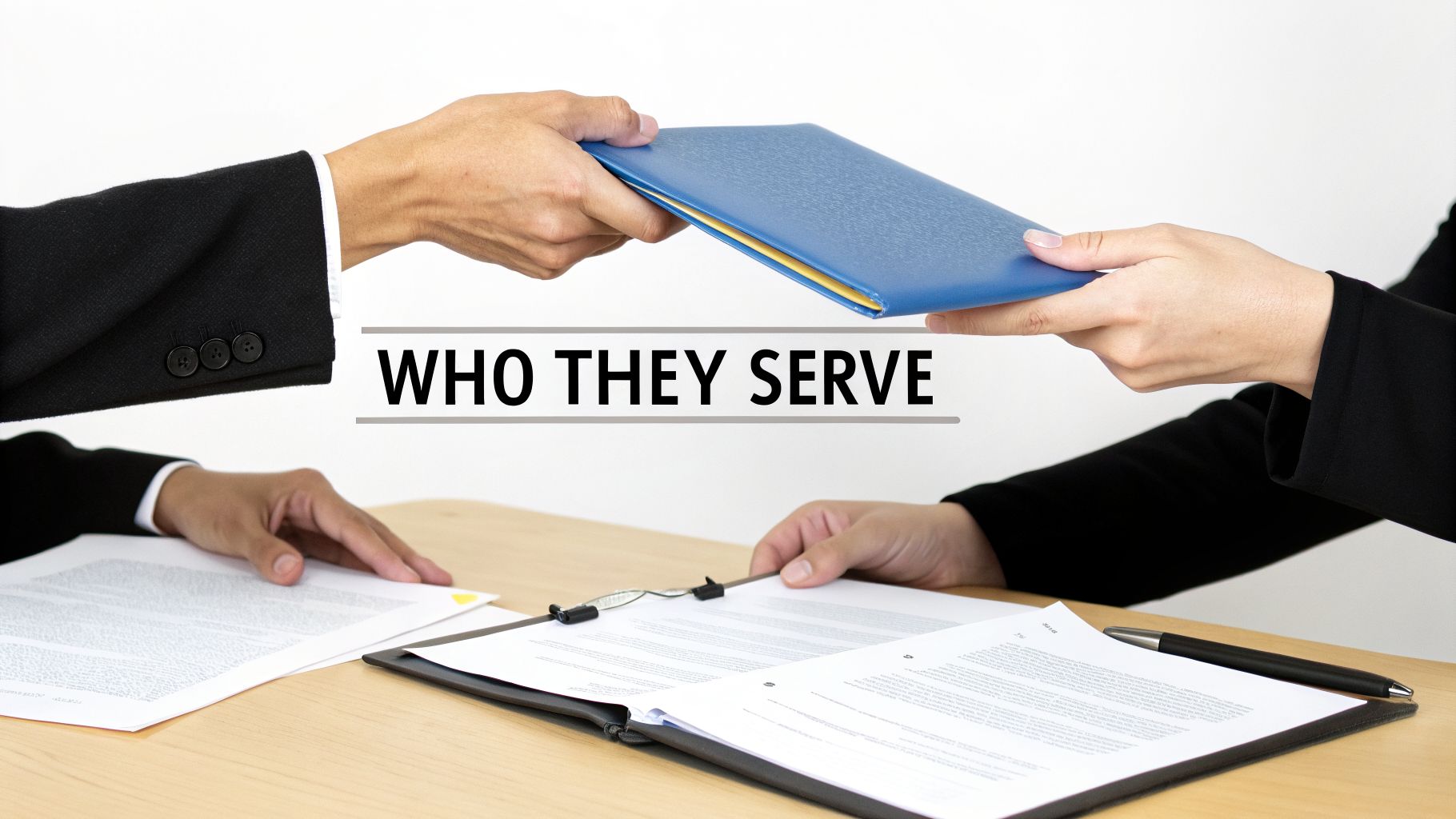Two business professionals exchanging a blue folder during a meeting with documents on a table.
