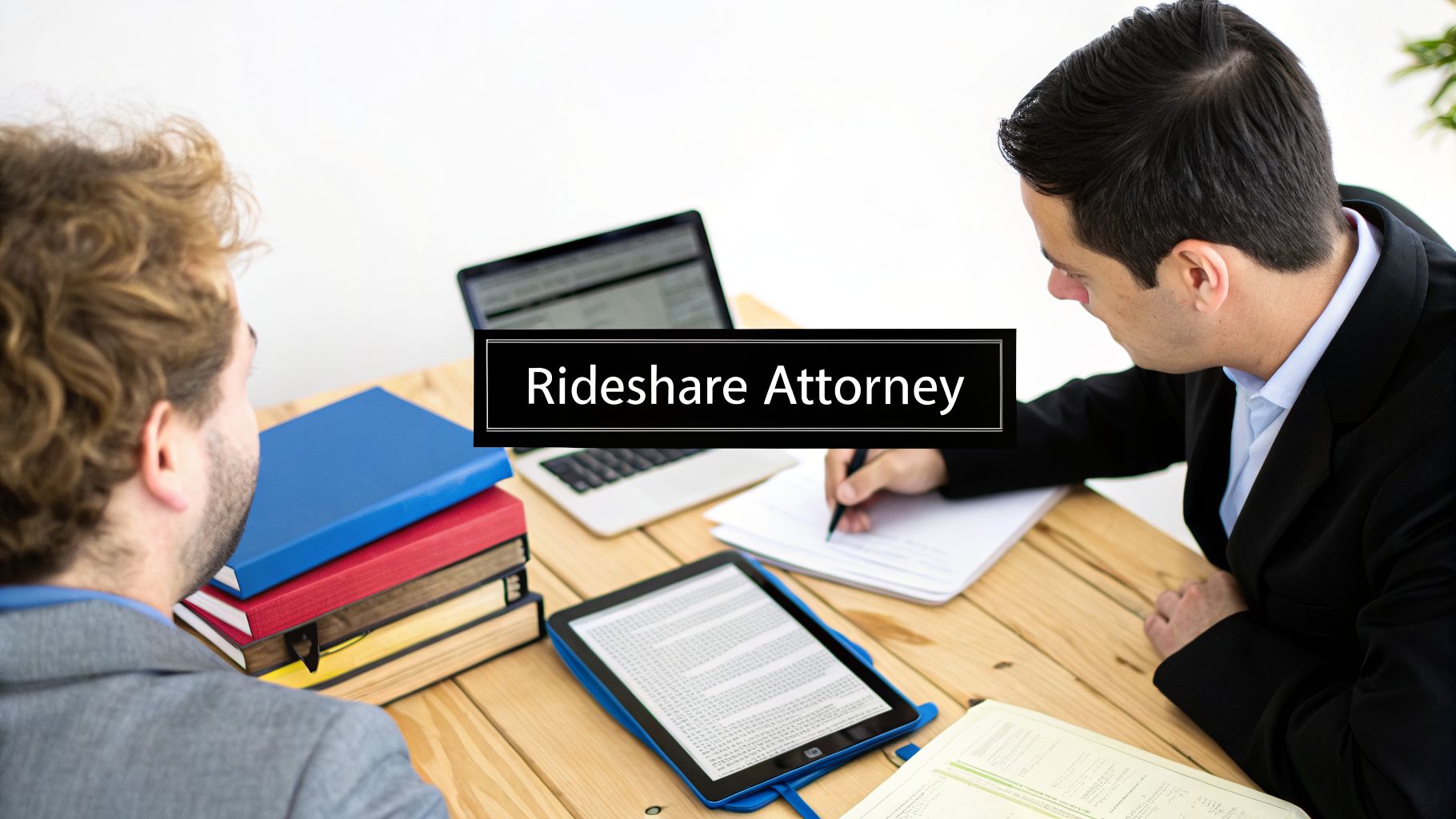 Rideshare attorney consults with a client, reviewing documents and notes on a wooden desk.