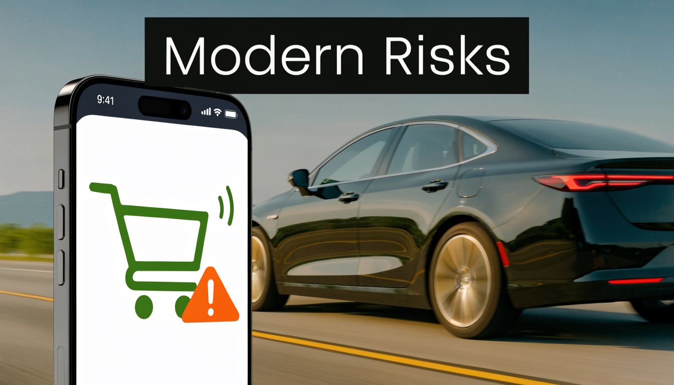 A smartphone displaying a shopping cart icon with a warning symbol next to a moving car.