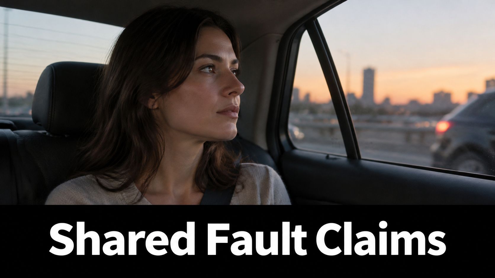 A contemplative woman sitting in the backseat of a car while looking out the window at sunset.