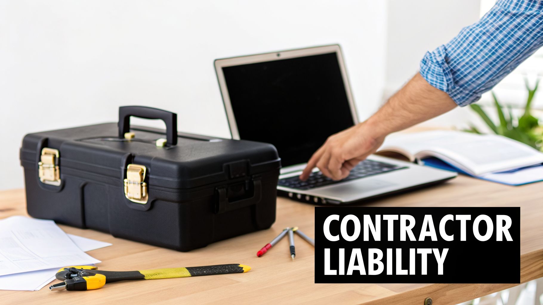 A person's hand on a laptop next to a toolbox, with 'CONTRACTOR LIABILITY' text on the desk.