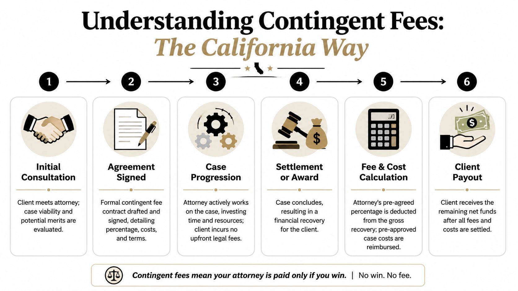 A six-step infographic detailing the contingent fee agreement process for legal services in California.