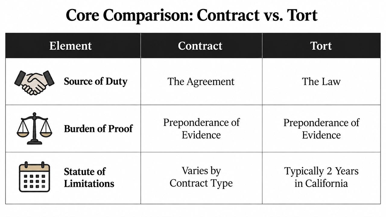 A comparison table outlining the key differences between contract law and tort law obligations and statutes.