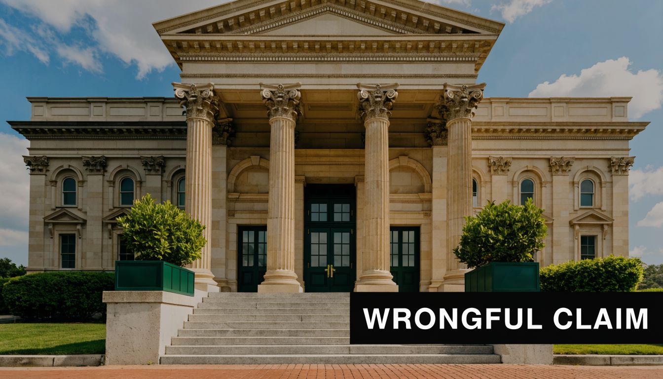 The grand entrance of a classical courthouse building featuring large stone columns and a wide staircase.