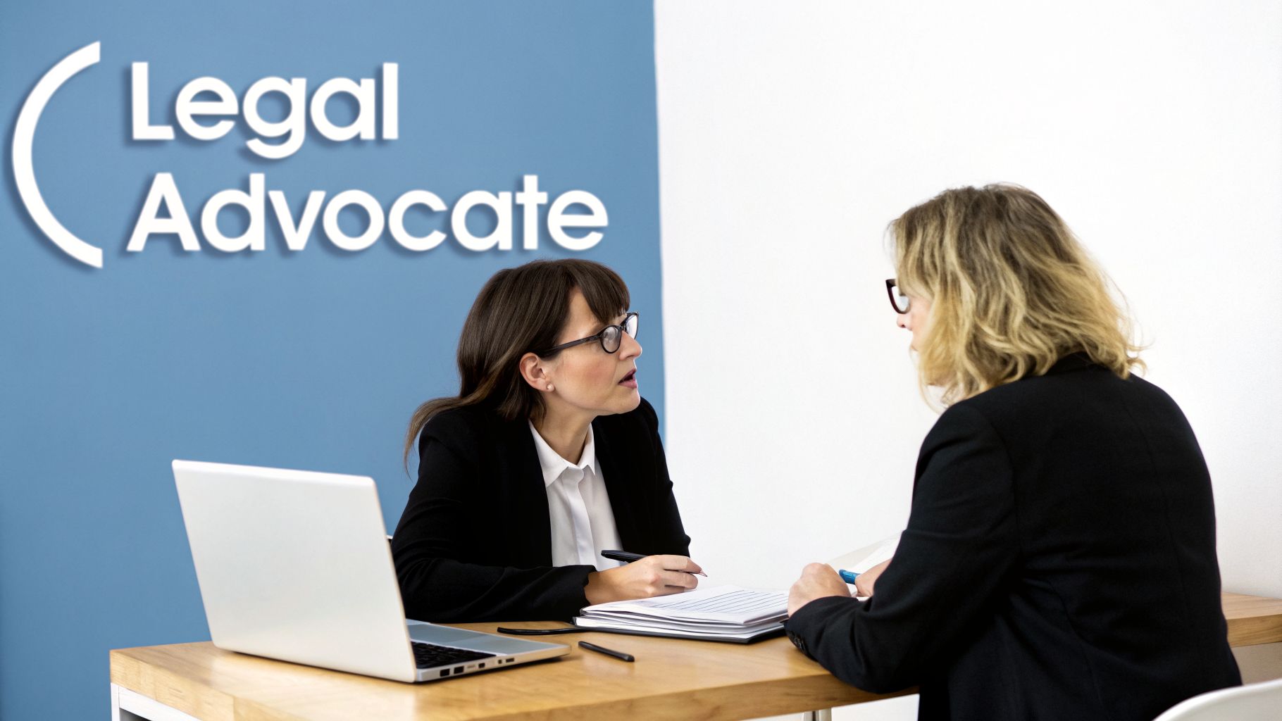 Two professional women, possibly lawyers, discussing documents at a table with 'Legal Advocate' branding in the background.